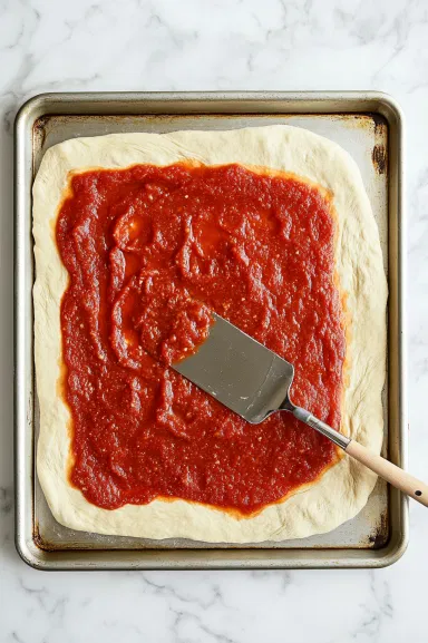 A baking sheet on a white marble cooktop, sprayed with cooking spray, and ready for the stromboli. The oven is preheating to 400°F, with an oven thermometer visible showing the temperature. The scene emphasizes the importance of preheating for baking.