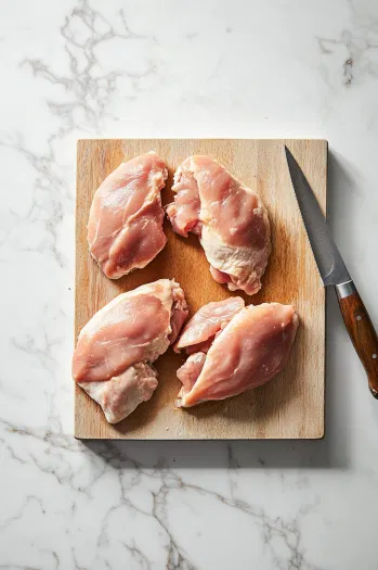 Chicken breasts laid out on a cutting board, with one being cut ¾ of the way through to create a pocket. The scene emphasizes the butterflying technique used for stuffing the chicken