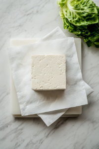 This image shows extra-firm tofu being pressed between layers of paper towels to remove excess moisture, preparing it for crumbling and cooking in the vegan lettuce wraps.