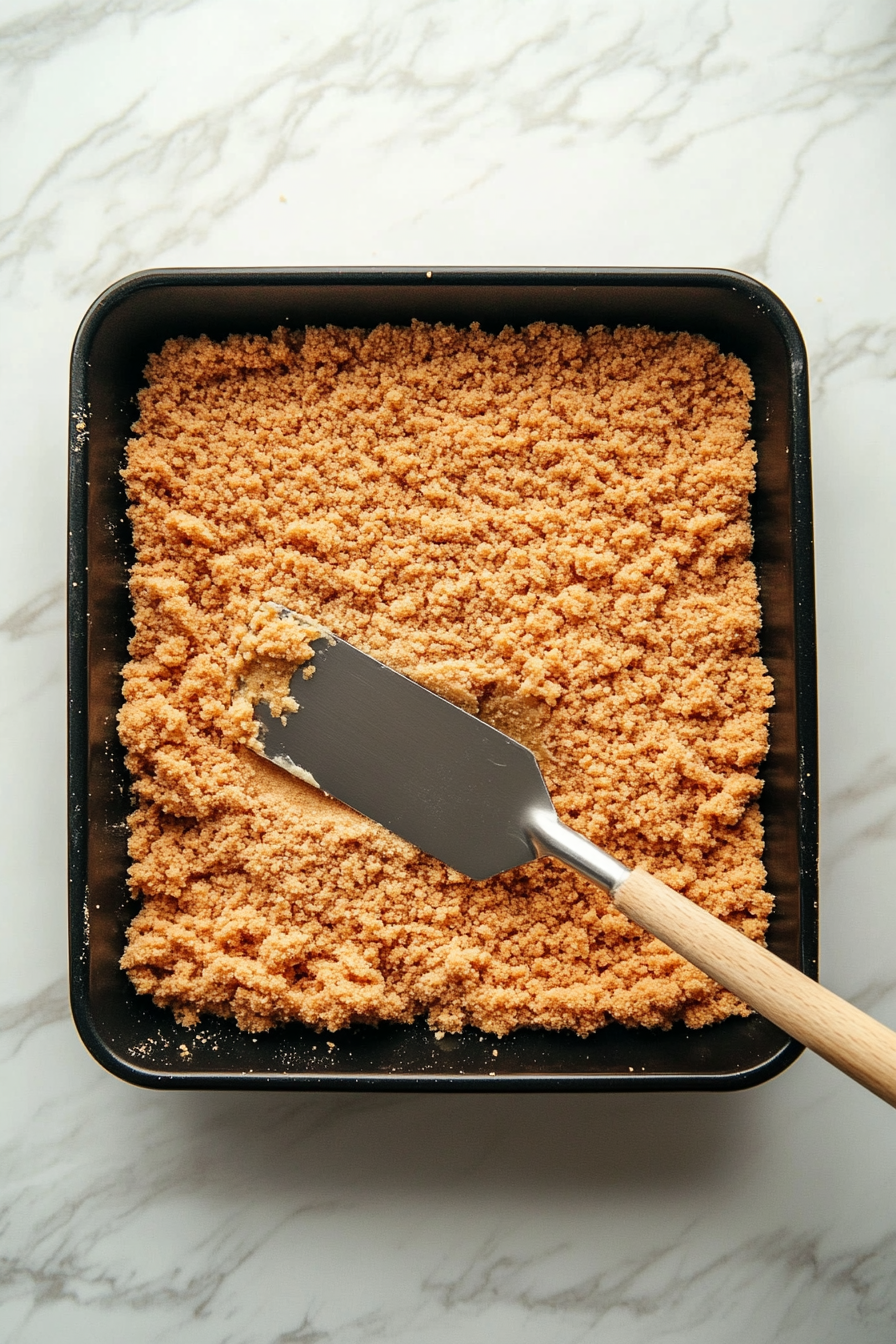 This image shows graham cracker mixture being pressed evenly into the bottom of a 9x13-inch baking pan, forming the crust for the huckleberry cheesecake.