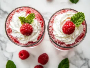 This image shows a beautifully served raspberry Italian soda in a tall glass, topped with fluffy whipped cream, fresh raspberries, and a mint sprig, creating a vibrant and refreshing summer drink.