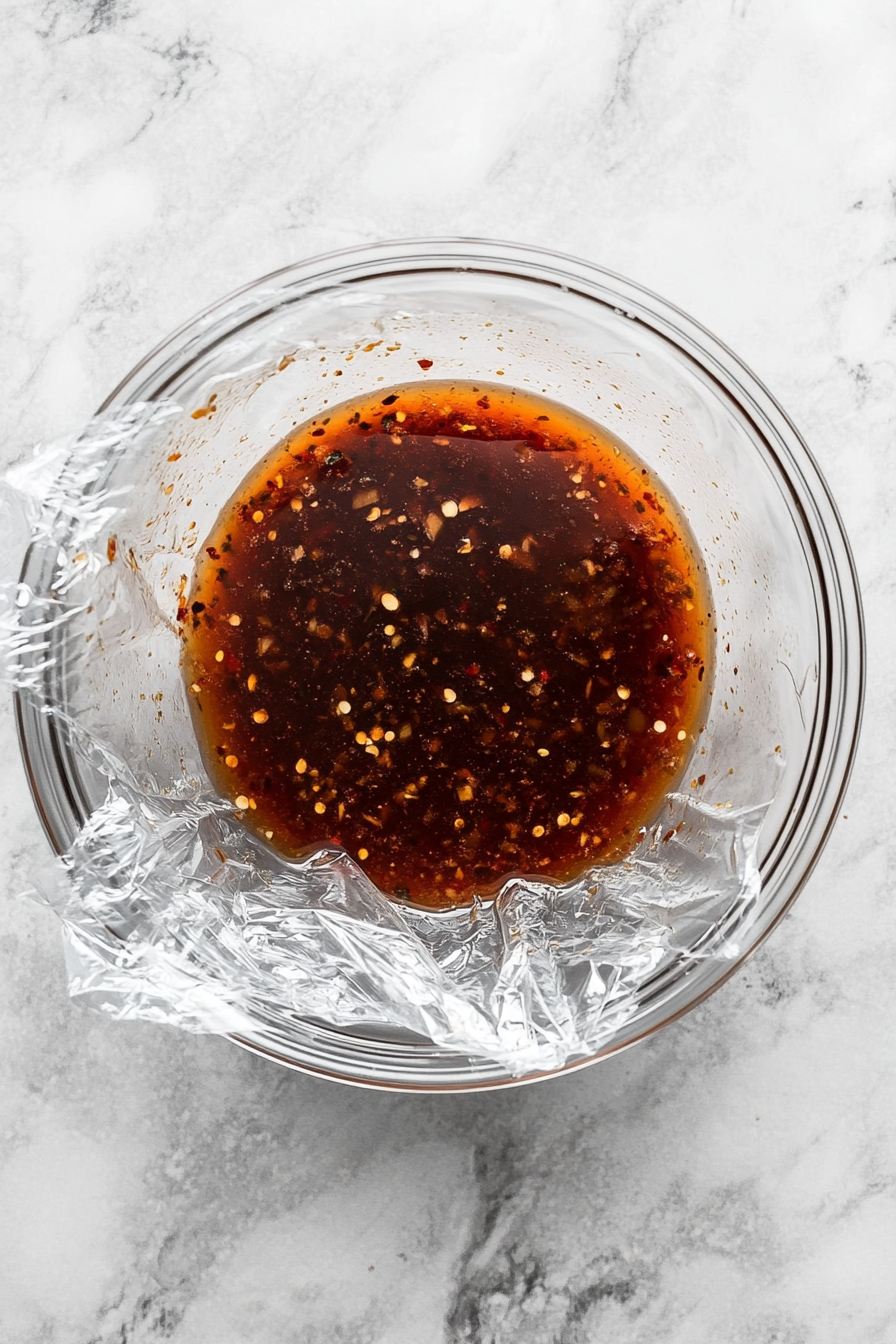 This image shows the prepared spring roll dipping sauce covered in a small bowl, placed inside the refrigerator to allow the flavors of the sauce to meld together before serving.