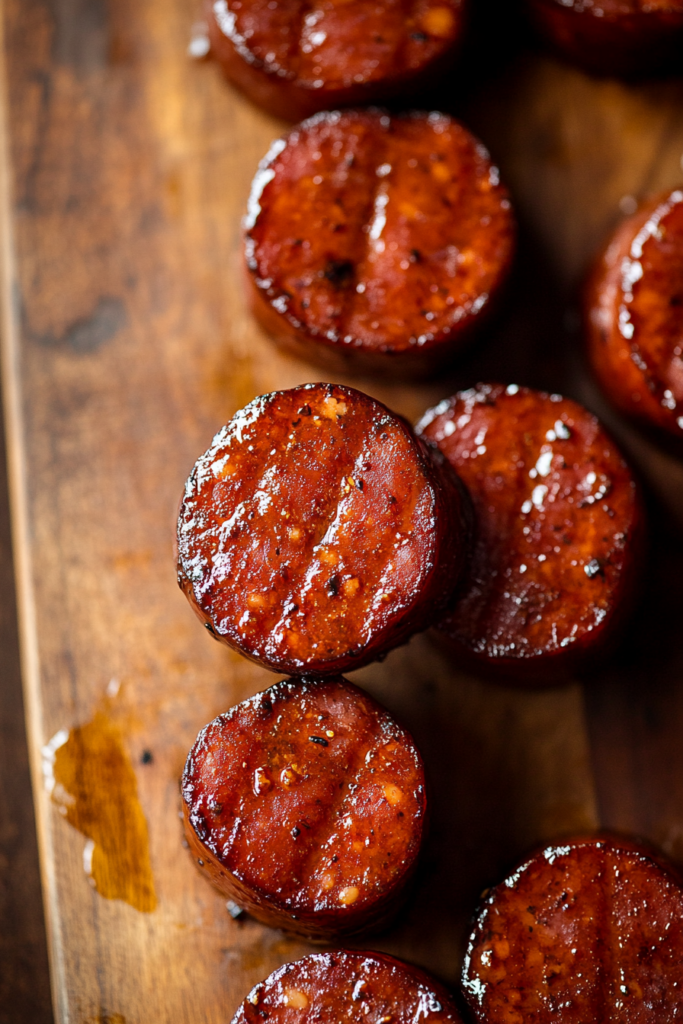 Freshly smoked kielbasa resting on a wooden cutting board, allowing the juices to settle before slicing, ensuring the kielbasa is tender and flavorful when served.