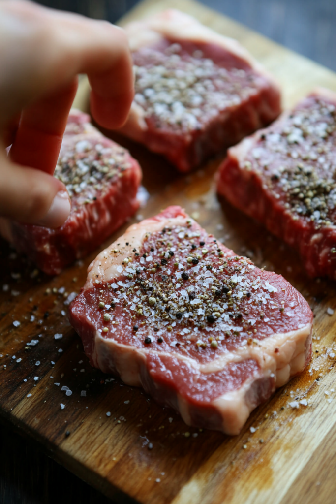 This image shows that ribeye steaks are generously seasoned with salt, pepper, and additional spices like garlic powder and smoked paprika. The steaks are placed on a cutting board, ready for marinating or immediate smoking.