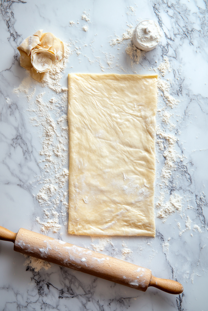 Puff pastry being rolled out into a large rectangle and cut into long strips on a lightly floured surface, preparing to assemble the sausage rolls recipe.