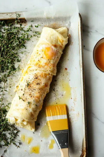 A tightly rolled stromboli log on a baking sheet with a nearby bowl containing a mixture of lightly beaten egg and water. A brush is being used to apply the egg wash, preparing the stromboli for baking.