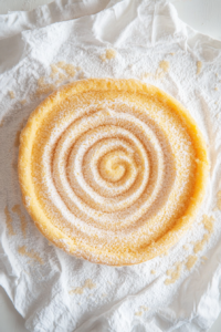 This image shows the freshly baked sponge cake being carefully rolled in a clean dish towel sprinkled with sugar, preparing it for the Nutella rolls and ensuring a soft texture as it cools.