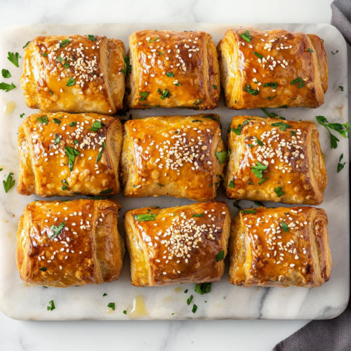 Golden, flaky sausage rolls arranged neatly on a serving platter, showcasing their crispy puff pastry exterior and savory sausage filling. The sausage rolls are ready to be served as a delicious appetizer or snack for any occasion.