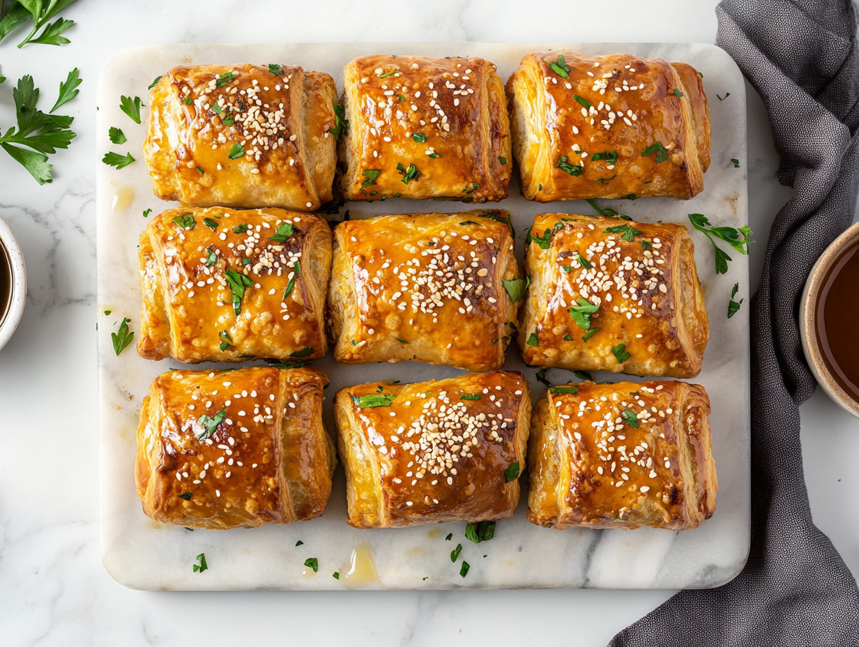 Golden, flaky sausage rolls arranged neatly on a serving platter, showcasing their crispy puff pastry exterior and savory sausage filling. The sausage rolls are ready to be served as a delicious appetizer or snack for any occasion.