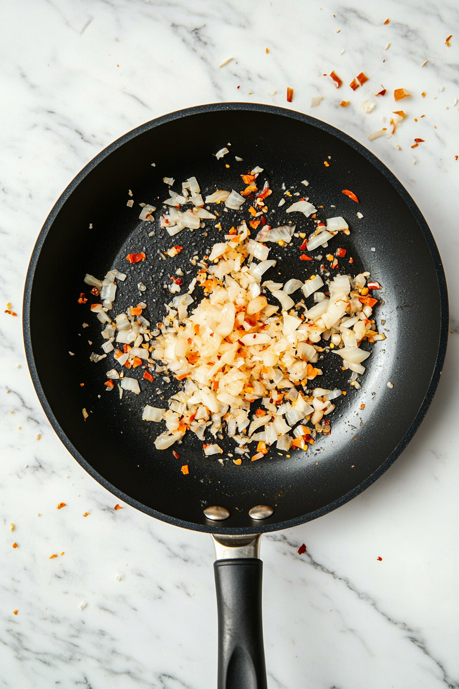 This image shows garlic, minced ginger, bird eye chilies, and chopped yellow onions sizzling in ghee, releasing aromatic flavors that enhance the Palak Sauce.