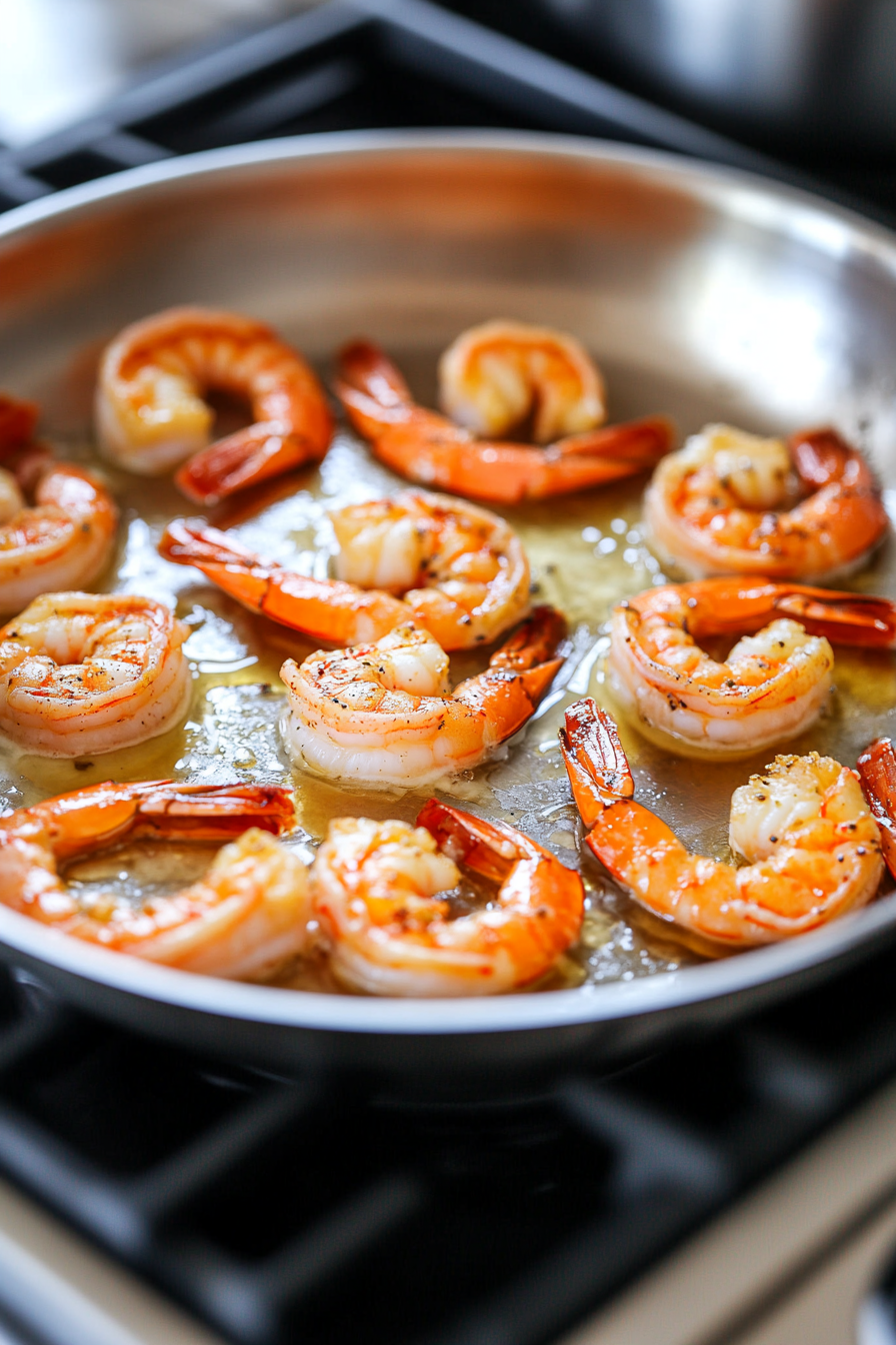 This image shows Sautéing Large Prawns in a Skillet with Butter Until Pink and Opaque Alt Text: This image shows large prawns being sautéed in a skillet with melted butter, cooking until they turn pink and opaque, indicating they are fully cooked.