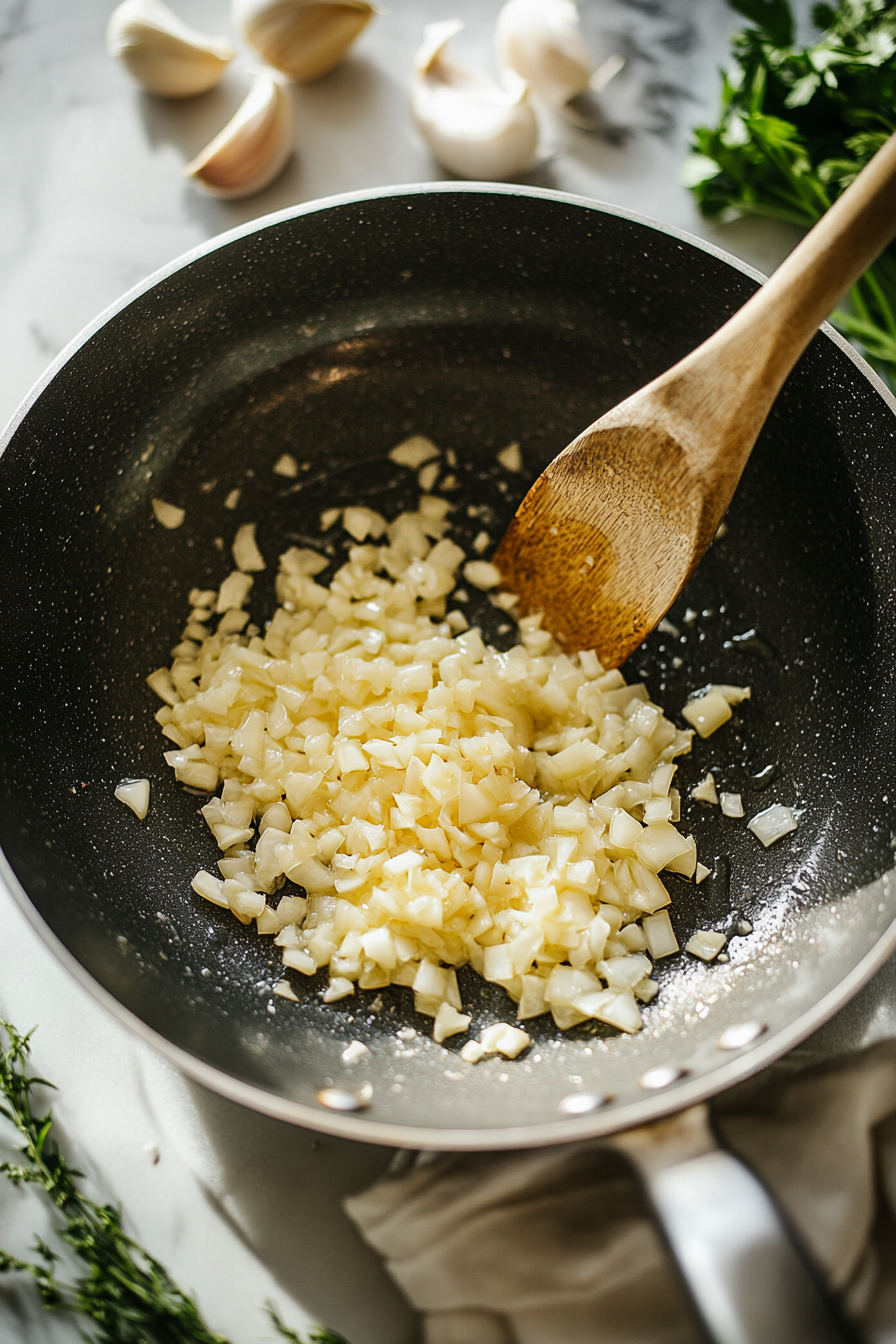 This image shows minced garlic being sautéed in butter in a skillet, creating a fragrant base for the creamy garlic sauce.