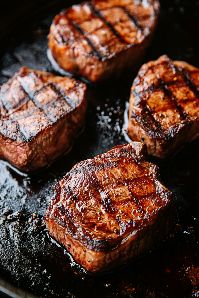 This image shows that a smoked ribeye steak is being seared in a hot cast-iron skillet. The steak has developed a golden-brown crust on both sides, adding a crispy texture.