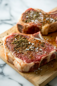 This image shows two ribeye steaks being seasoned with salt, pepper, and garlic powder. The steaks are left at room temperature to enhance their flavor before cooking.