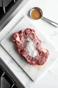 Top-down view over a white marble cooktop showing a 4-pound boneless beef chuck roast on a clean cutting board. Kosher salt, freshly cracked black pepper, and 4 tablespoons of taco seasoning are being generously sprinkled over the roast. A measuring spoon is nearby, highlighting the seasoning process with vibrant spices.