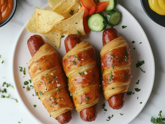 The freshly baked crescent dogs are displayed on a serving plate on the white marble cooktop, accompanied by sides like veggie sticks, chips, and condiments—mustard, ketchup, and relish—for dipping.