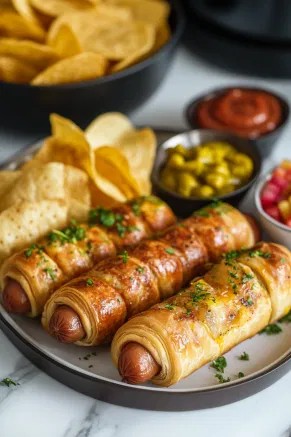 The baking sheet sits inside a toaster oven on the white marble cooktop. The crescent dogs bake for 12-14 minutes, developing a golden brown, flaky exterior.