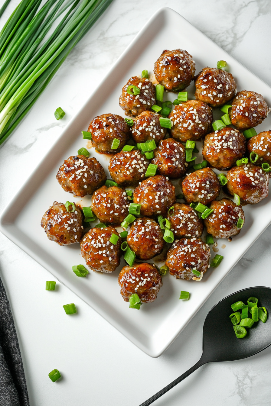 This image shows the cooked Asian meatballs being served on a plate, beautifully garnished with diced green onions and sesame seeds, ready to be enjoyed as a savory and sweet appetizer.