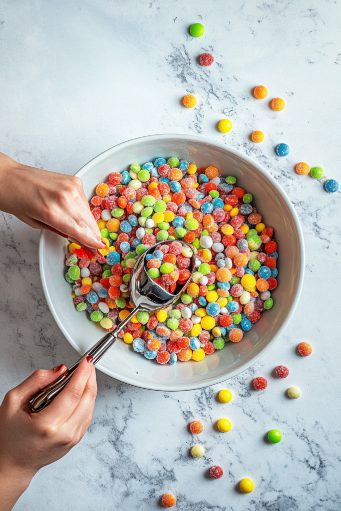 This image shows a serving bowl filled with colorful candy salad, and a scoop placed beside it. The mixture of gummy bears, worms, peach rings, and Nerds gummy clusters is bright and playful, making it an appealing treat for kids and adults alike, perfect for parties or casual gatherings.