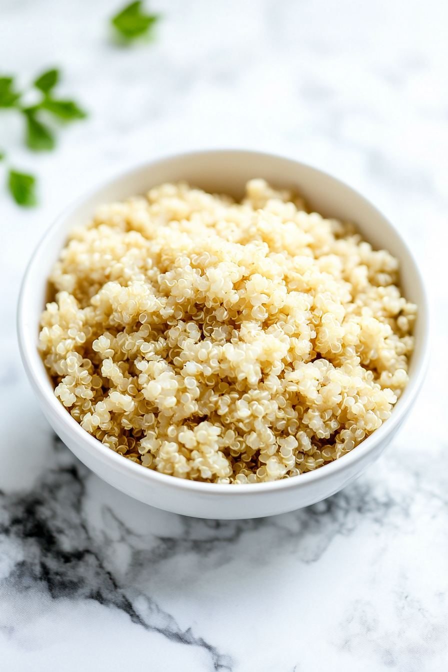 This image shows a serving of fluffy microwave cooked quinoa in a bowl. The quinoa looks tender and ready to be enjoyed as part of a healthy meal.