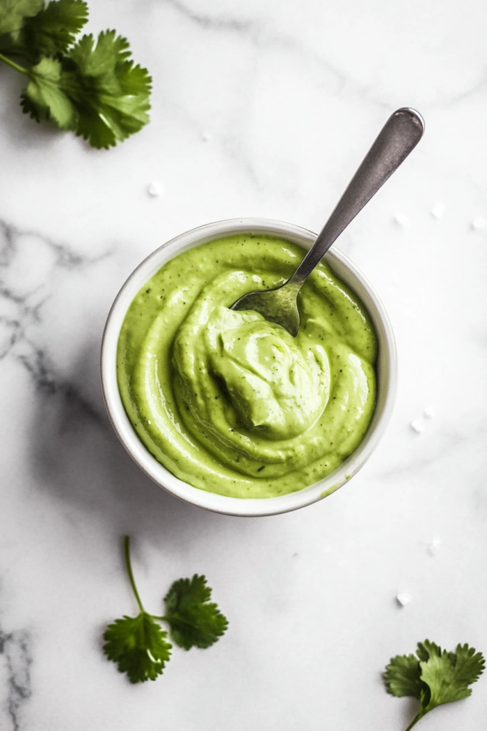 This image shows a spoonful of smooth avocado crema being served over tacos, demonstrating its creamy texture and zesty flavor as a topping.