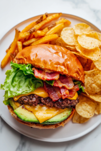 This image shows a completed avocado burger, perfectly stacked with juicy beef, melted cheese, mashed avocado, and bacon, served on a wooden board, ready to enjoy.