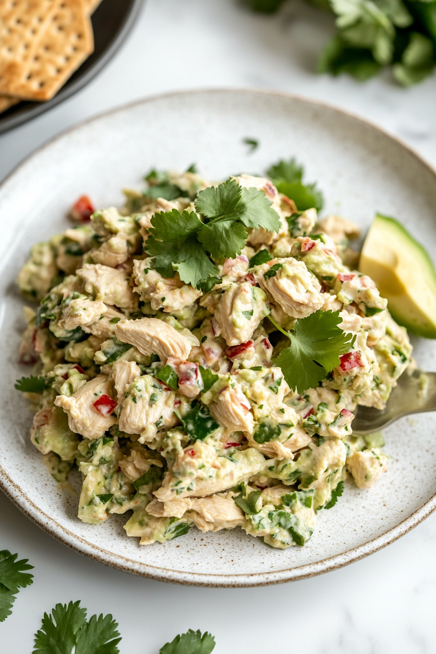 This image shows a beautifully plated serving of avocado chicken salad, garnished with lime wedges and fresh cilantro, ready to be enjoyed as a healthy meal