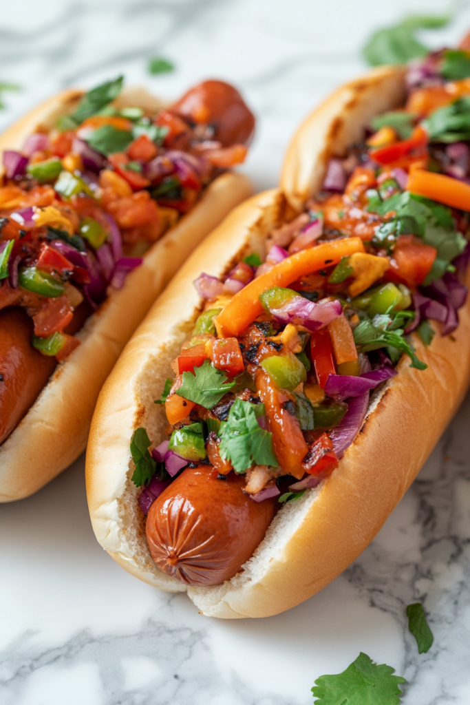  This image shows grilled vegan hot dogs served in soft buns, topped with classic condiments like mustard, ketchup, and relish, ready to be enjoyed as a plant-based snack.