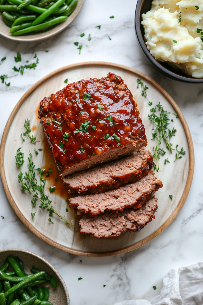 A top-down view of the slow cooker meatloaf as a spoon evenly spreads a rich, glossy glaze over the top of the loaf. The warm light accentuates the smooth texture and deep color of the ketchup-based glaze, readying the meatloaf for slow cooking.