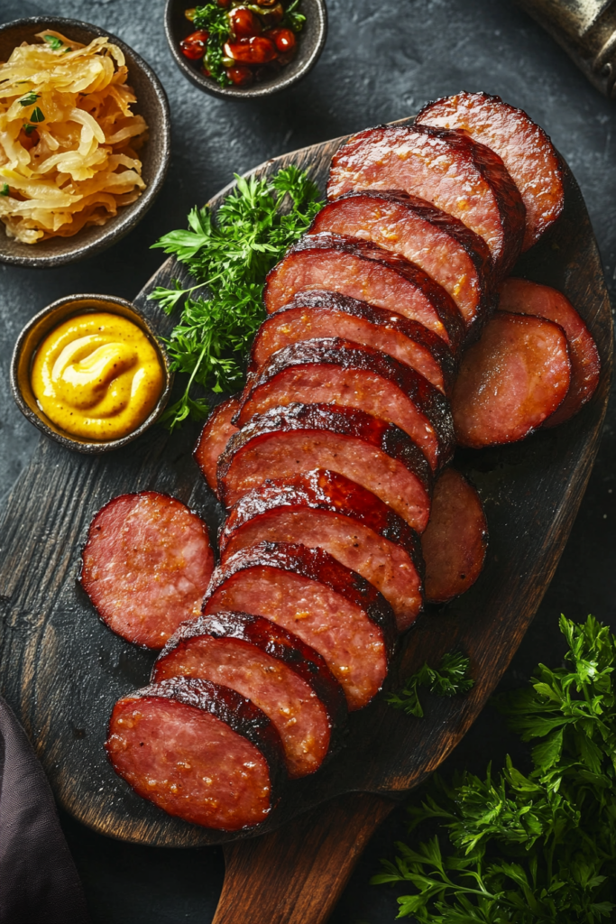 Plated smoked kielbasa slices served with mustard, sauerkraut, and grilled veggies, perfect for enjoying as an appetizer or in sandwiches with a rich, smoky flavor.

