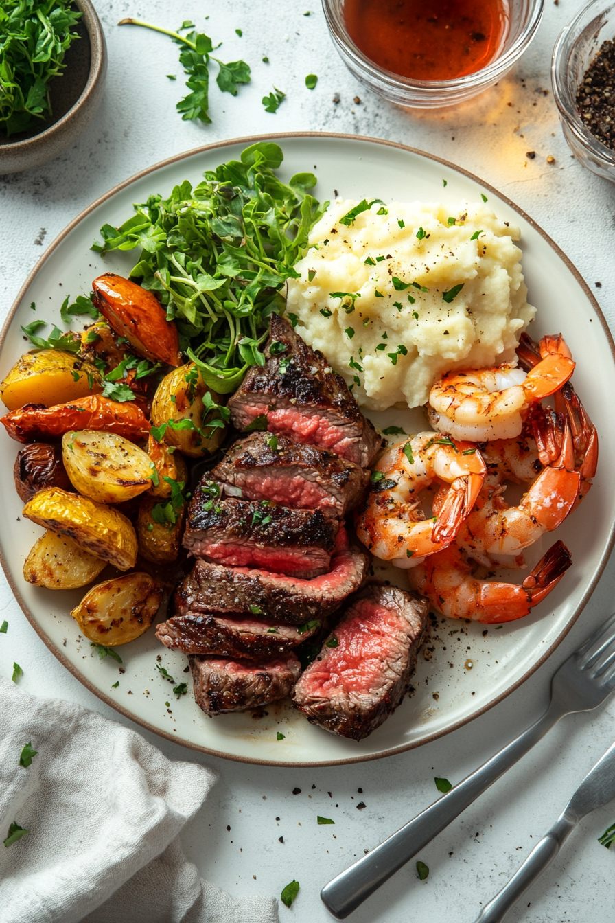 This image shows a plate of steak and shrimp served with roasted vegetables and mashed potatoes. The dish is ready to be enjoyed as a satisfying and flavorful dinner.