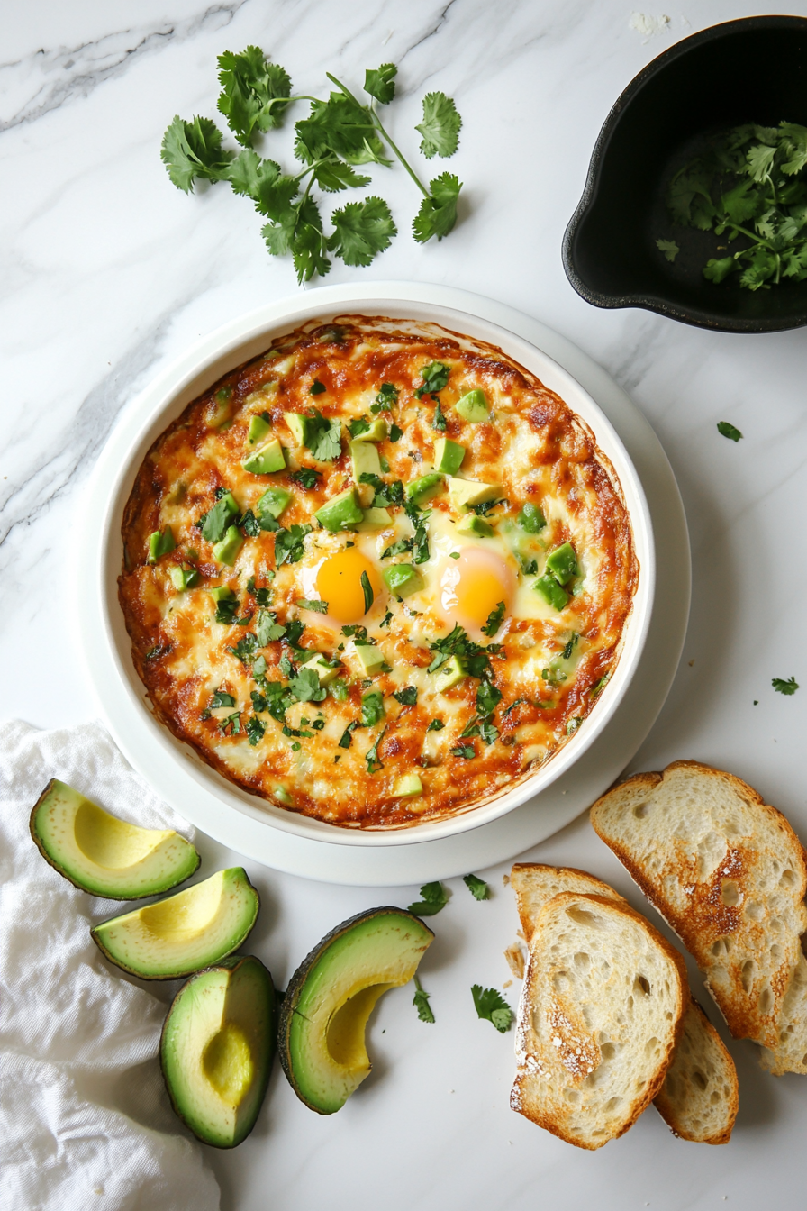 This image shows the finished shakshuka served hot in the skillet, with perfectly poached eggs, garnished with fresh cilantro and served with toasted bread on the side.