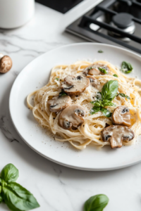 This image shows a plate of Mushroom Alfredo pasta, garnished with fresh basil and additional Parmesan cheese, ready to be enjoyed as a comforting and flavorful meal.