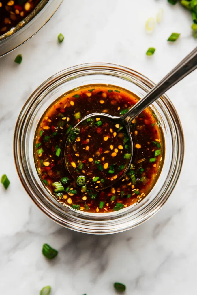 This image shows the warm dipping sauce served in a small bowl, placed alongside fresh spring rolls. The sauce looks glossy and flavorful, perfect for dipping the crisp spring rolls into.