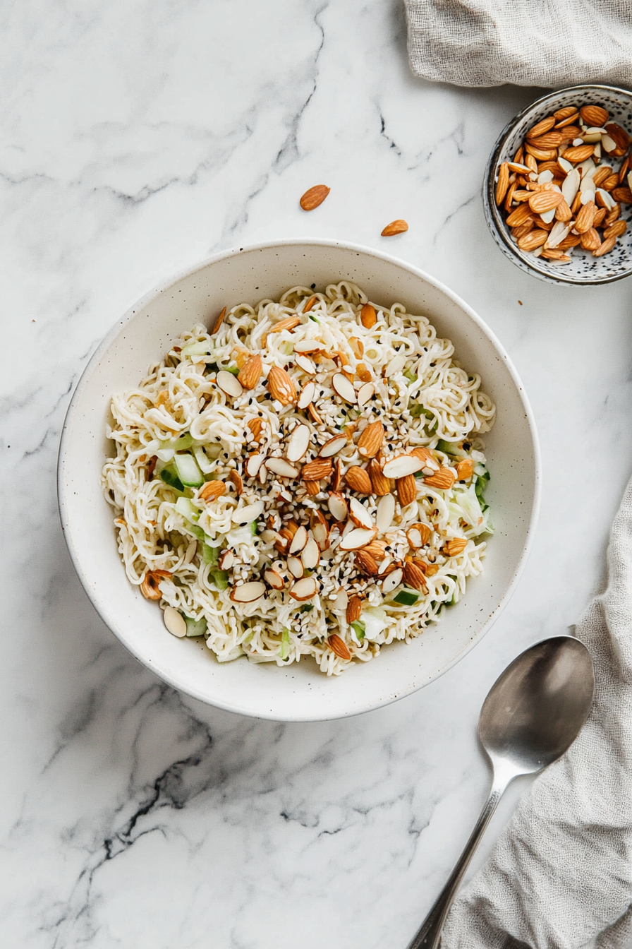 This image shows the completed ramen noodle salad served in a bowl, topped with toasted ramen noodles, sunflower seeds, almonds, and a drizzle of tangy dressing, ready to be enjoyed as a refreshing side dish.