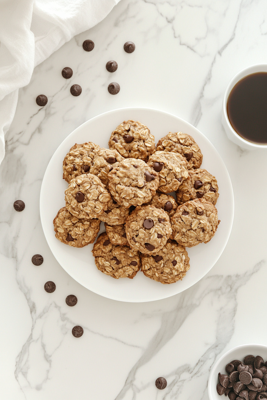 This image shows warm, freshly baked protein oats cookies arranged on a plate, topped with chocolate chips and ready to be enjoyed as a delicious, nutritious snack.