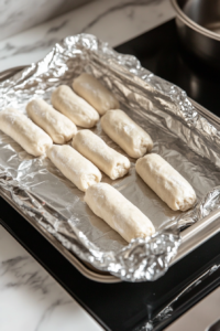 This image shows the vegan hot dog dough being shaped into hot dog forms, wrapped tightly in foil, and placed in a steamer basket for steaming until fully cooked and firm.