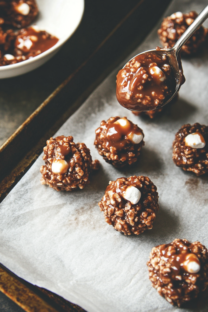 This image shows that spoonfuls of the Star Crunch mix are being dropped onto greased parchment paper. The treats are cooling and setting into round, crunchy bites.