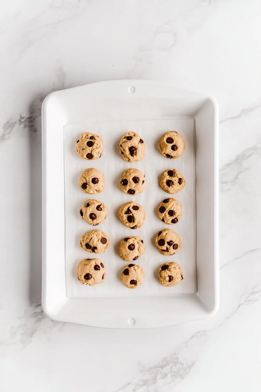 This image shows cookie dough being shaped into round balls and slightly pressed with fingers, ready for baking with chocolate chips placed on top.