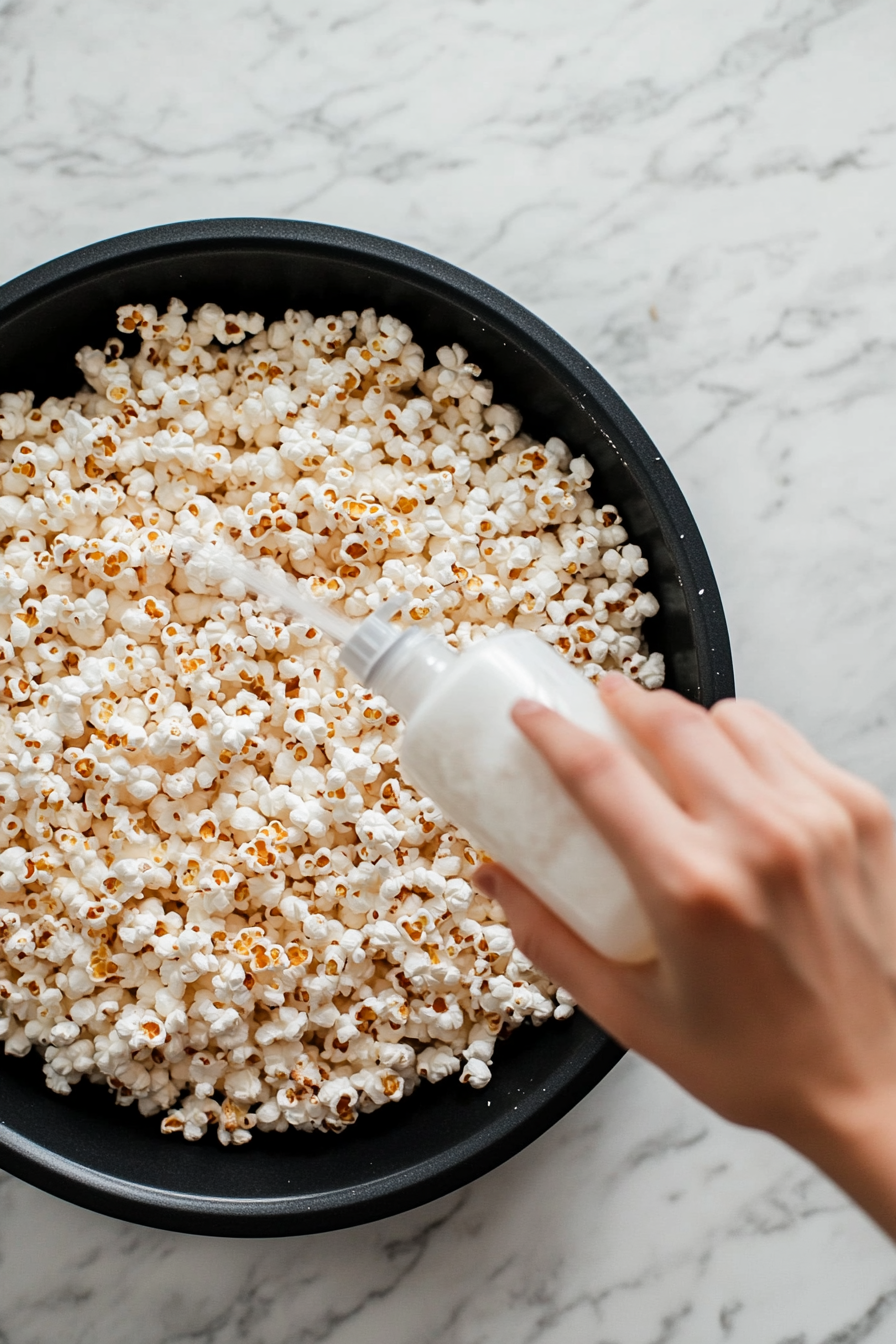 This image shows hands lightly sprayed with cooking spray shaping the marshmallow-coated popcorn into round popcorn balls.