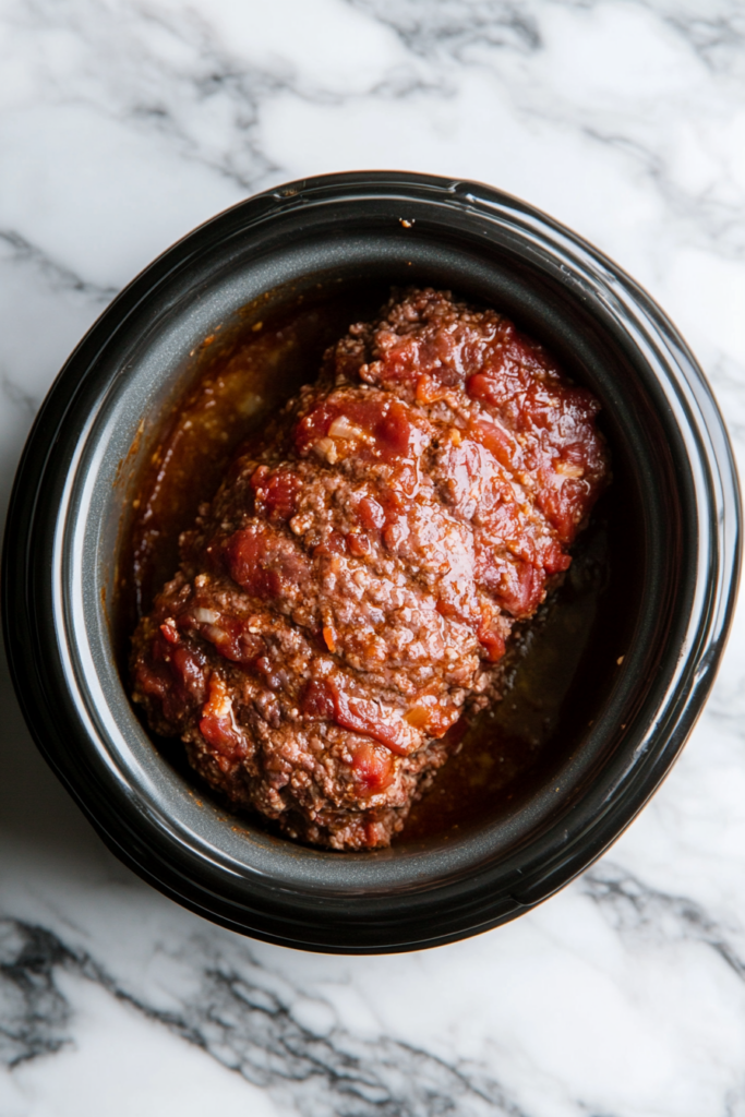 shaping the combined meatloaf mixture into a loaf and carefully placing it into the bottom of a slow cooker for the next step in the slow cooker meatloaf recipe.