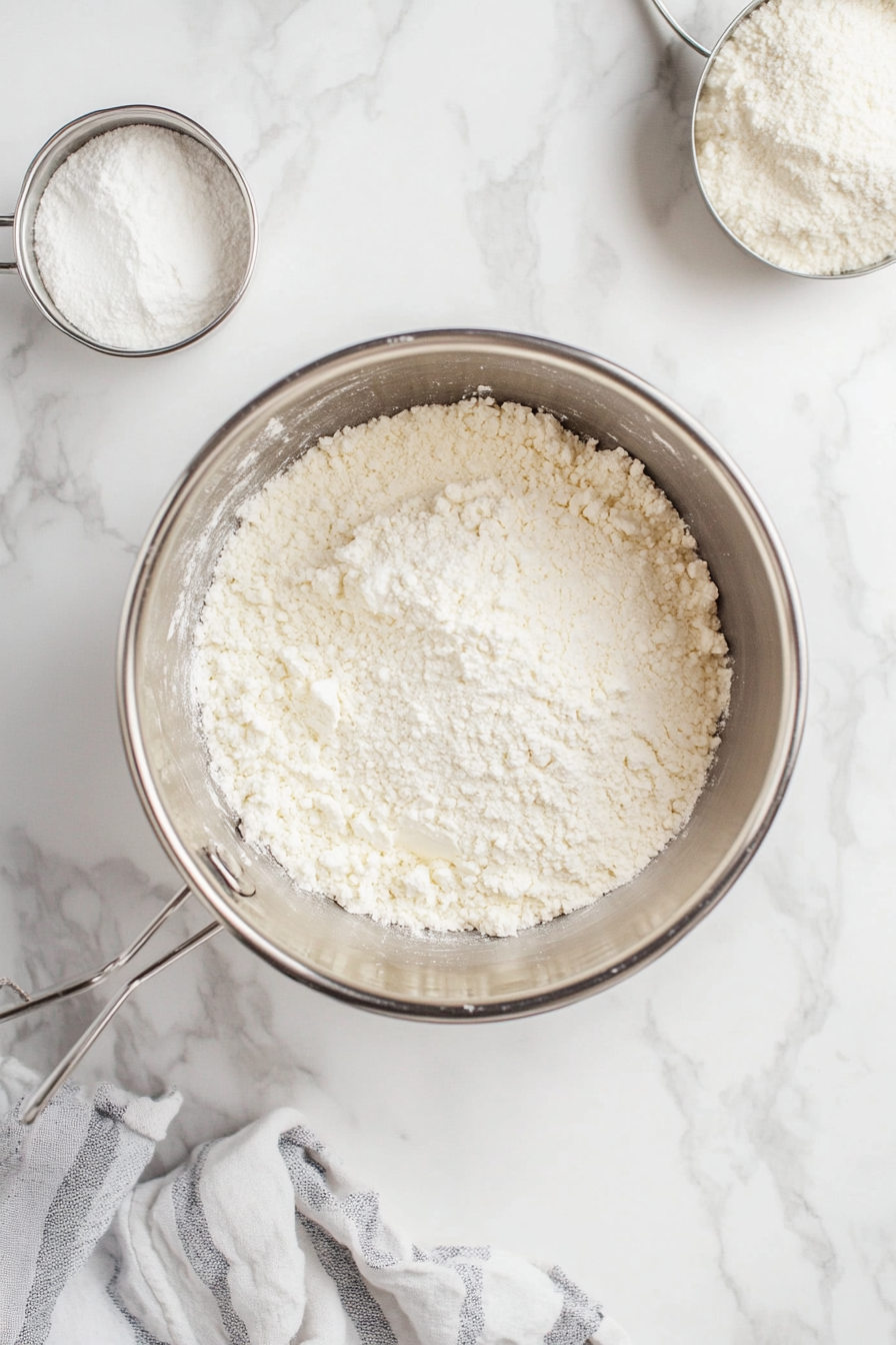 This image shows Swans Down cake flour being sifted into a bowl using a fine-mesh sieve, a crucial step to ensure the pound cake achieves a soft and airy texture.