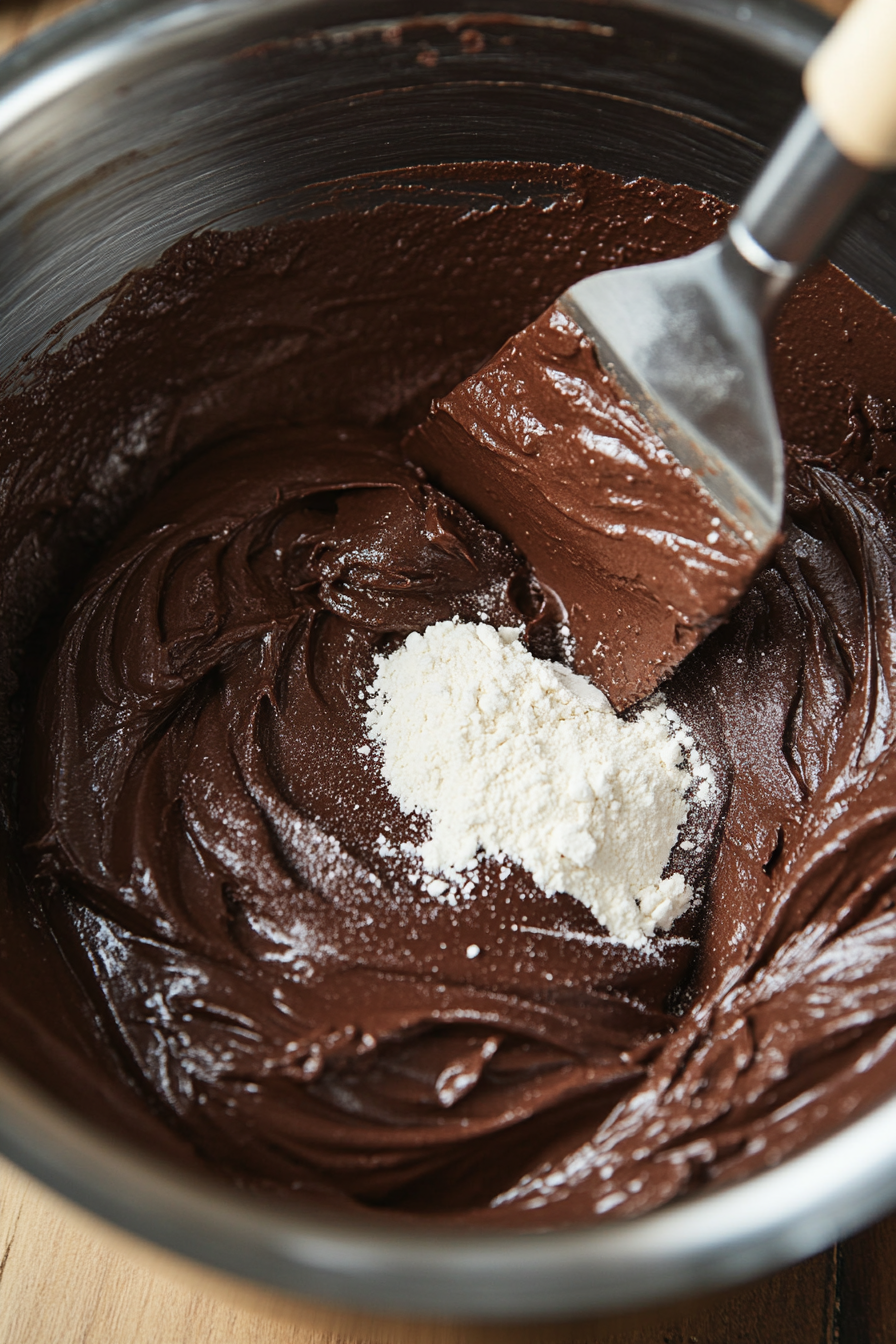 This image shows the dry ingredients—flour, cocoa powder, and salt—being sifted and folded into the Nutella brownie batter, creating a smooth and thick consistency.