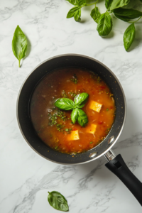 This image shows a saucepan simmering a mixture of water, soy sauce, ketchup, fresh basil, and spices, creating a flavorful broth that will be used to blend with the tofu for the vegan hot dog dough.