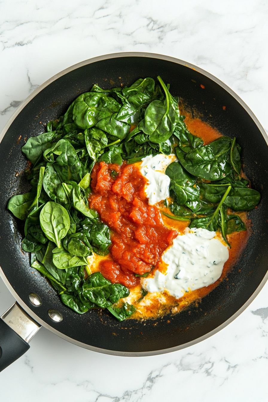 This image shows cooked spinach and tomato sauce simmering together in a pan, allowing the rich flavors to meld into a smooth, savory Palak Sauce.