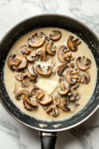 This image shows heavy cream being stirred with Parmesan cheese and sautéed mushrooms in the frying pan, forming a smooth and velvety sauce for the Mushroom Alfredo.