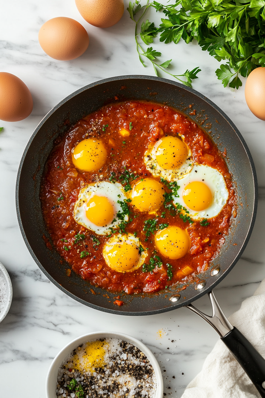 This image shows the tomato sauce simmering in the skillet, blending flavors from the vegetables, spices, and seasonings, preparing for the addition of eggs.