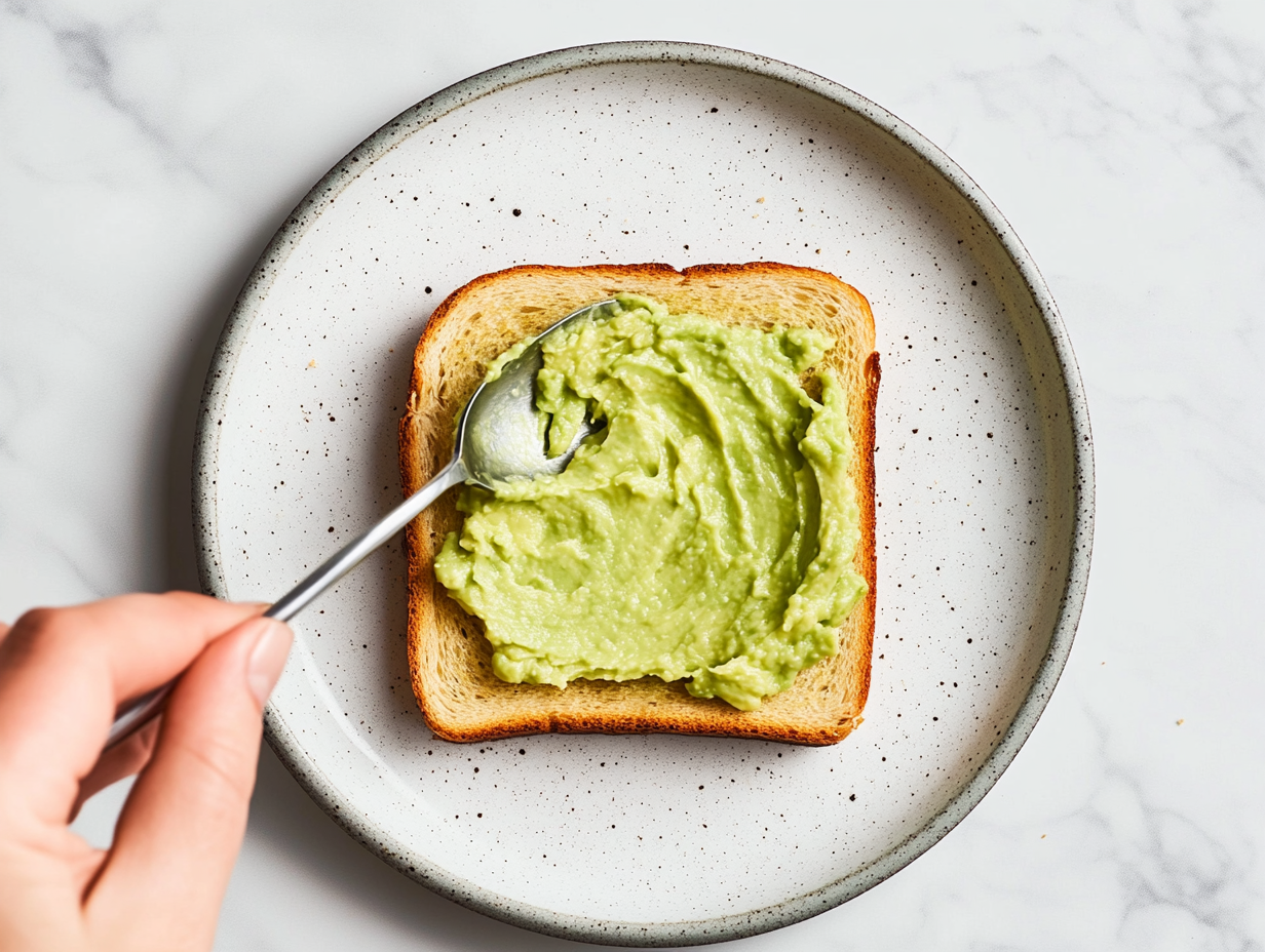 This image shows a perfectly toasted slice of bread topped with creamy mashed avocado, sprinkled with sea salt and chili flakes, making a quick and nutritious avocado toast snack.