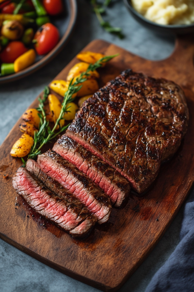  This image shows that the smoked ribeye steak is sliced against the grain and served with roasted vegetables and mashed potatoes. The steak pieces are arranged neatly on a plate, showcasing their juicy and flavorful interior.