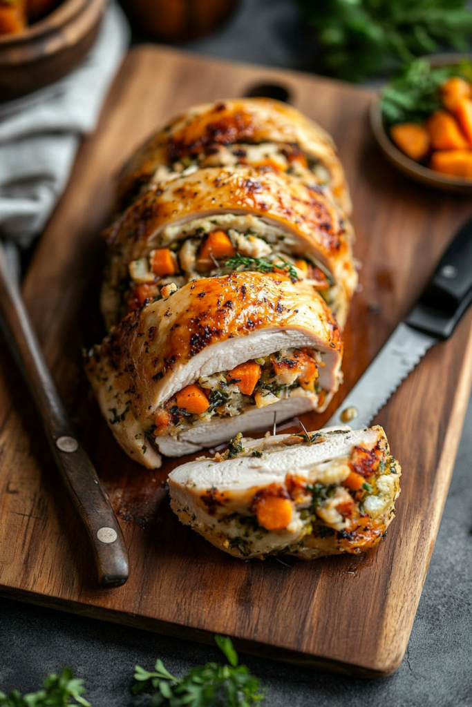 This image shows that the stuffed chicken breasts have been sliced and are served with roasted vegetables and a fresh salad. The chicken is juicy and the stuffing is visible inside.